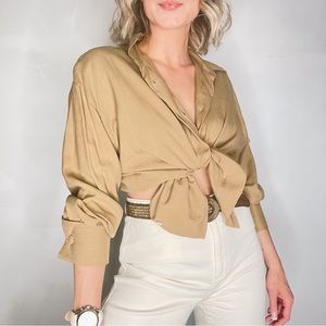 Vintage Camel Tie-Front Blouse